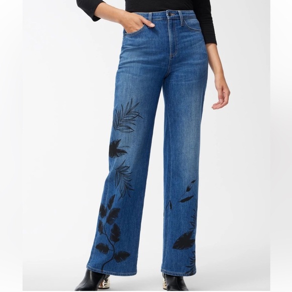 Chico’s Wide Leg Dark Wash Jeans with Black Floral Print on Legs. Soft, Stretchy - Picture 1 of 13